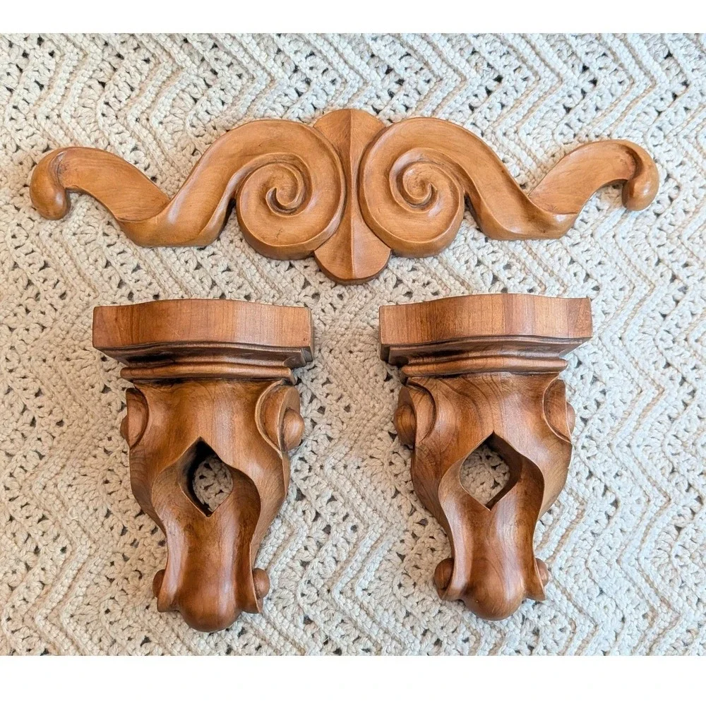 Vintage Hand Carved Wood Scroll Pediment and Matching Corbel Wall Sconces 3pc